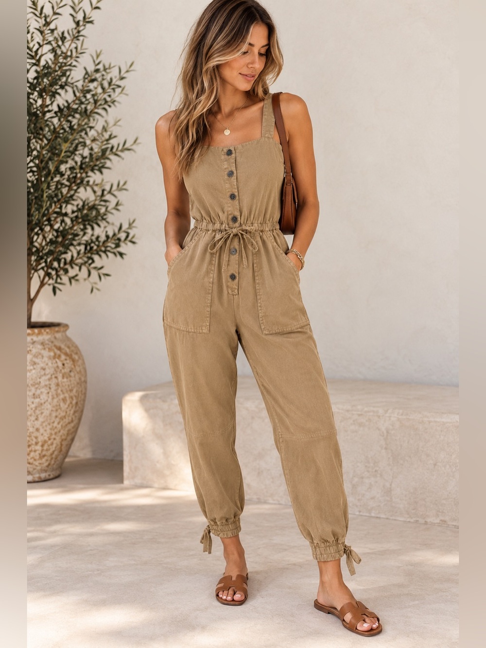 Alice + Olivia Tiana Button Front Utility Jumpsuit Tan Size 2